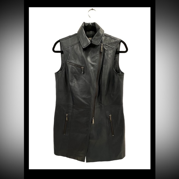 Worth New York Womens Long Leather Moto Vest Size 6 Dark Blue